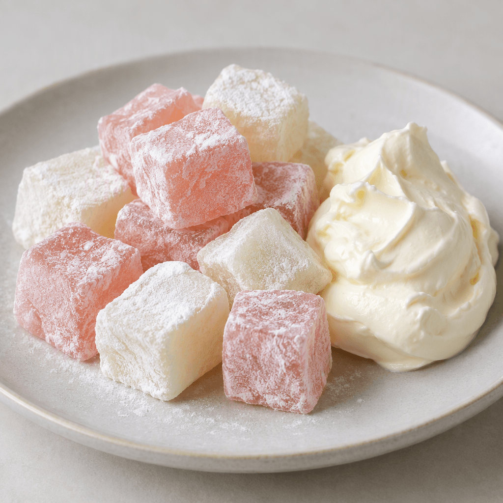 Small, translucent cubes of Turkish delight in pale pink and white, lightly coated with fine powdered sugar, are arranged on a plate beside thick, glossy white clotted cream.