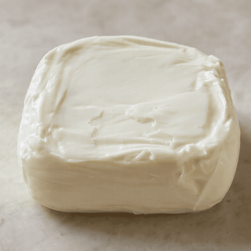 A thick piece of soft, ivory-white cheese with a smooth, moist, creamy surface and gently uneven edges.