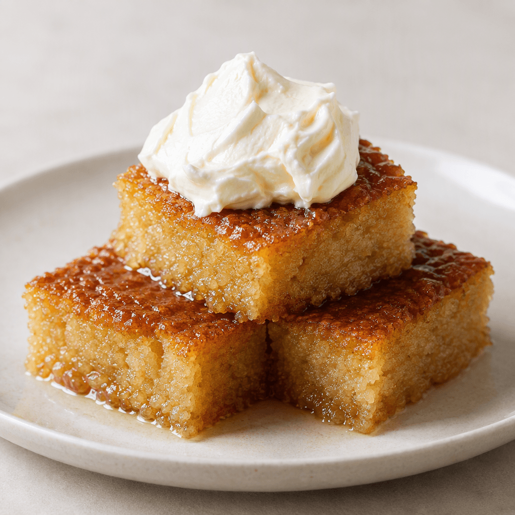 Golden-amber, syrup-glossed semolina cake cut into neat squares, with a thick white dollop of clotted cream on top, served on a plate.