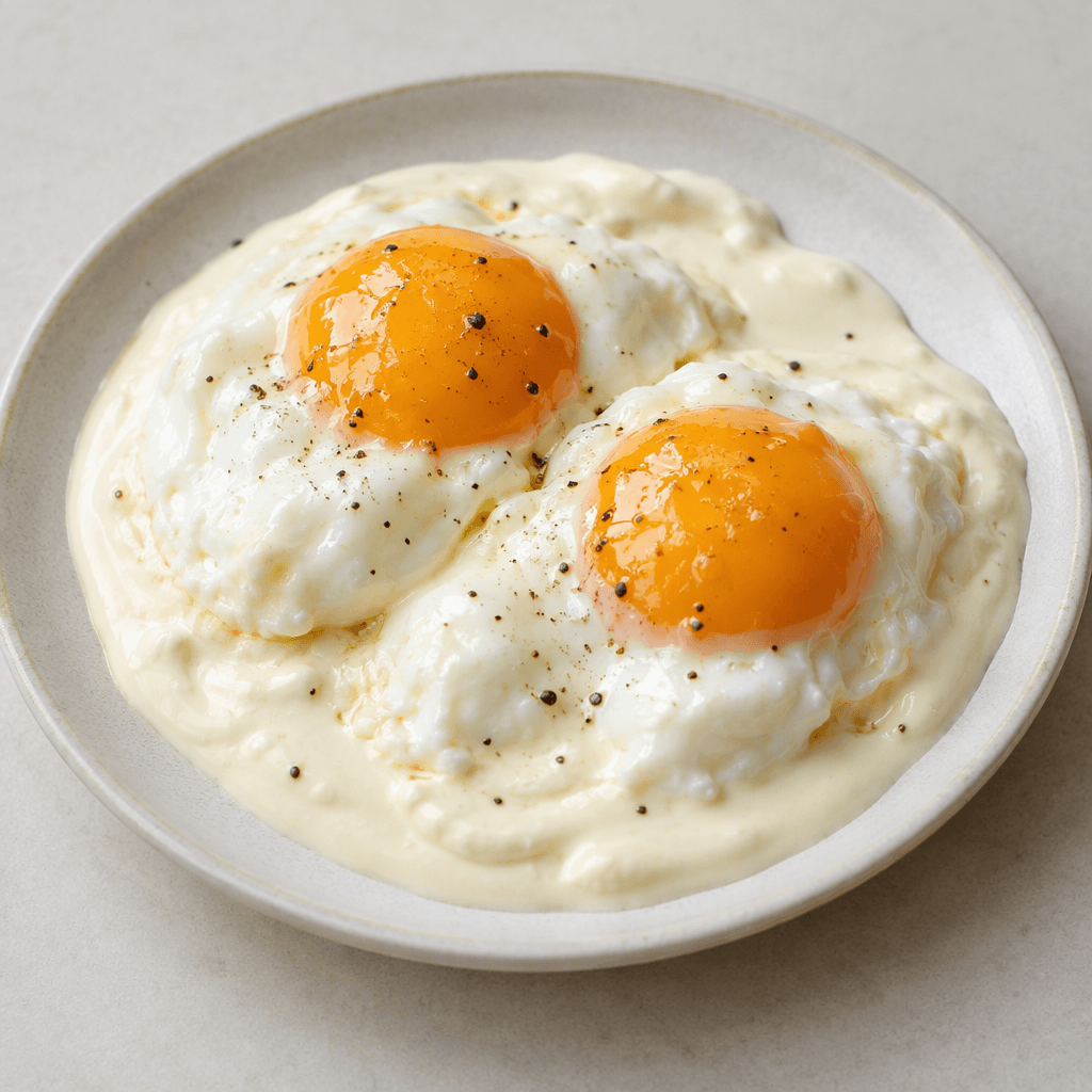 Bright golden yolks and softly set egg whites sit in a pool of thick, ivory-colored clotted cream on a small plate.