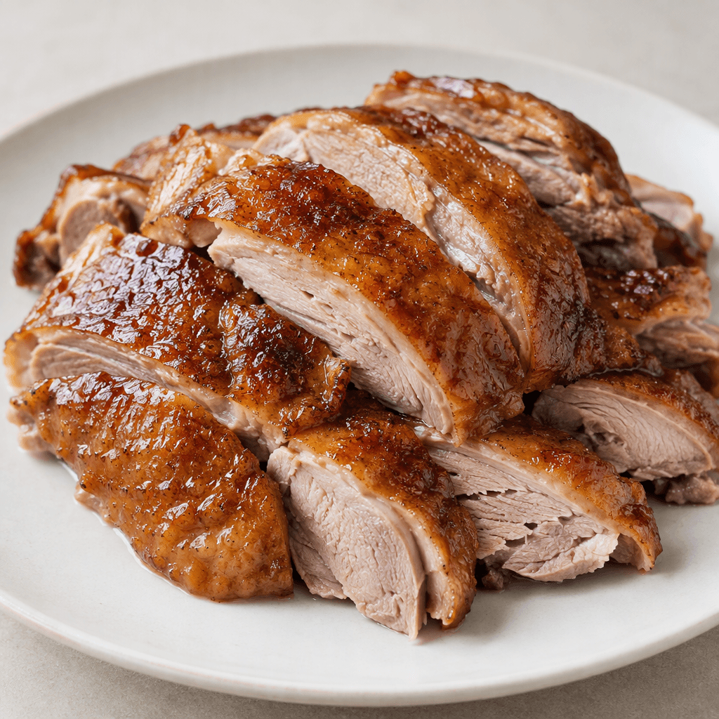 Cooked goose meat is served in thick, irregular slices with browned, glossy skin over moist, pale beige meat, arranged on a plate.