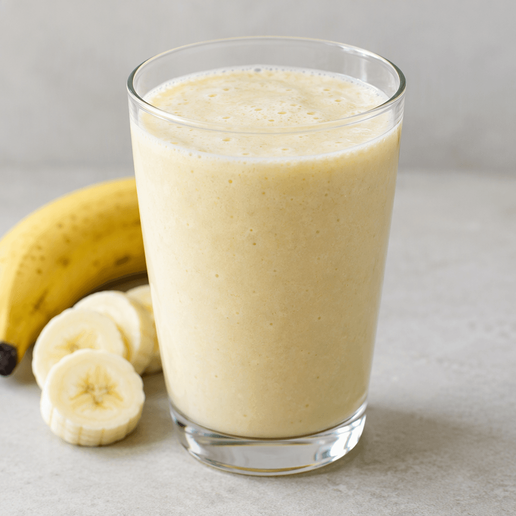 A creamy, pale-yellow banana milk drink with a smooth, slightly foamy surface, served in a clear glass.