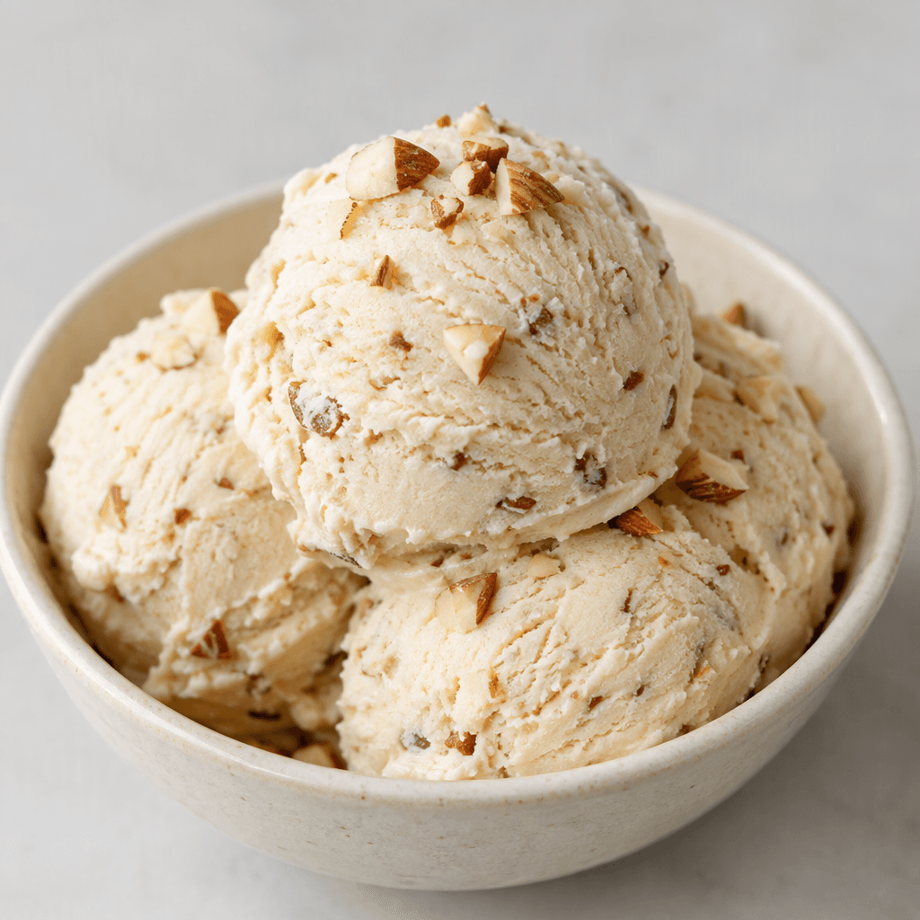 Pale ivory almond ice cream sits in rounded, softly ridged scoops, with small almond pieces visible throughout and a few chopped almonds scattered on top.