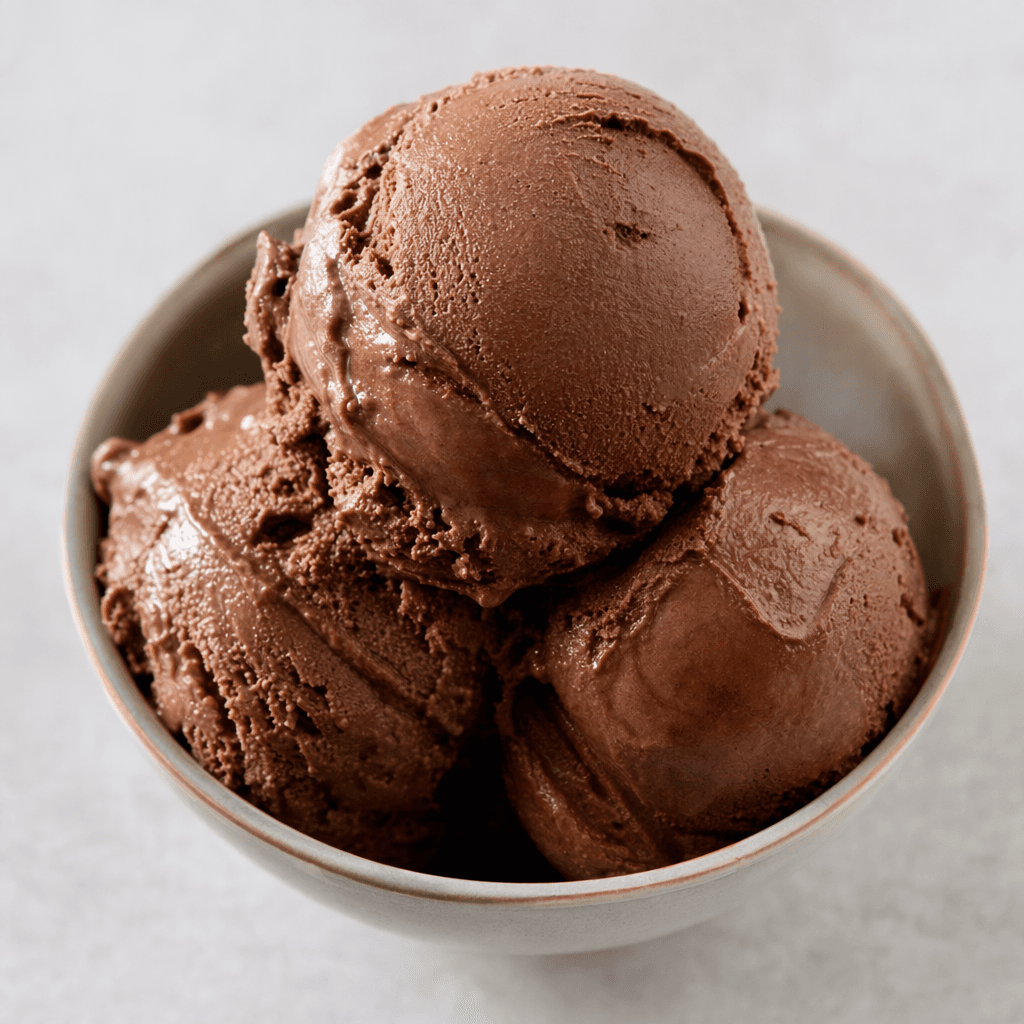 Several smooth, deep-brown scoops of dark chocolate ice cream sit in a small bowl, with soft ridges and a slight sheen.