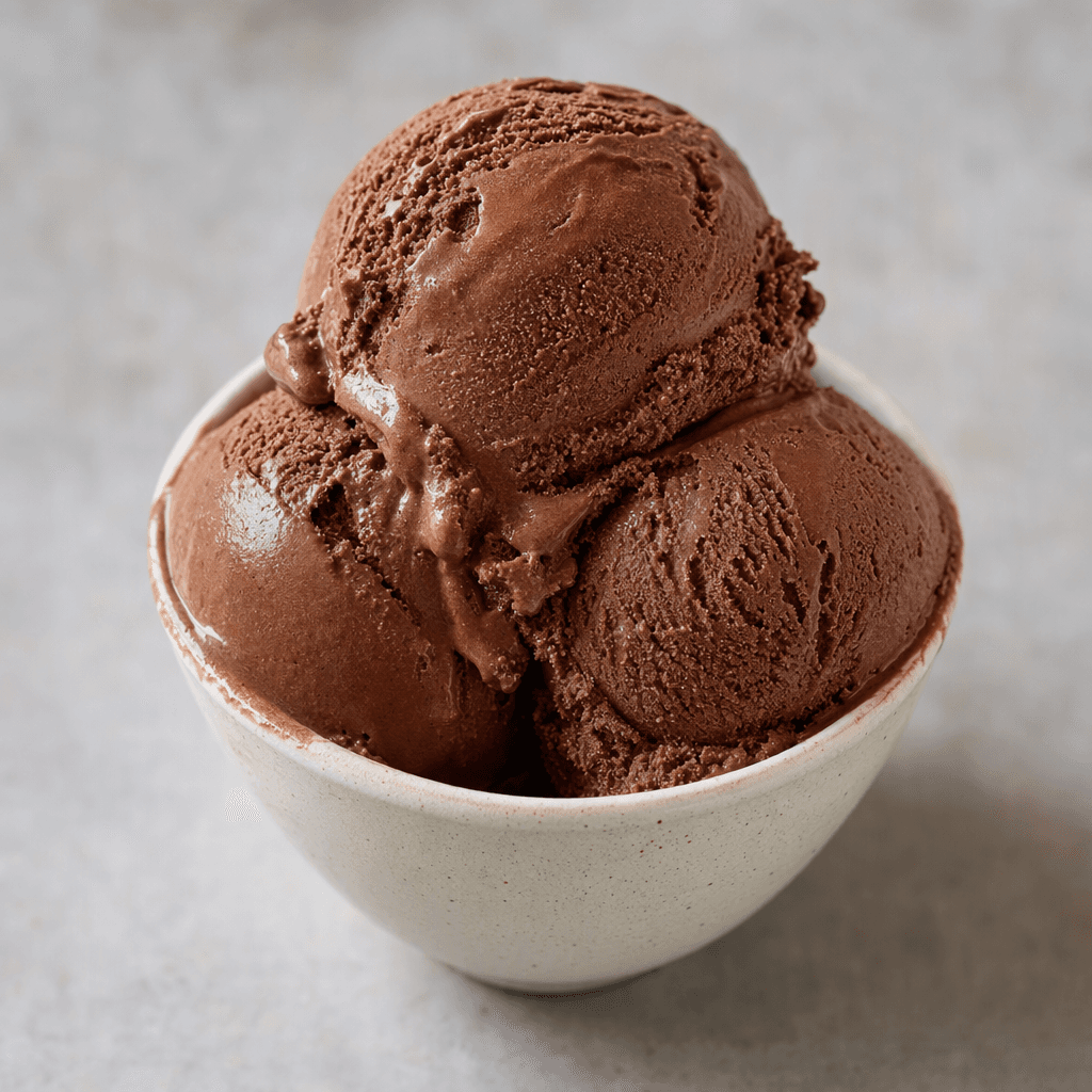 Several smooth, dark-brown chocolate ice-cream scoops are served in a small cup.
