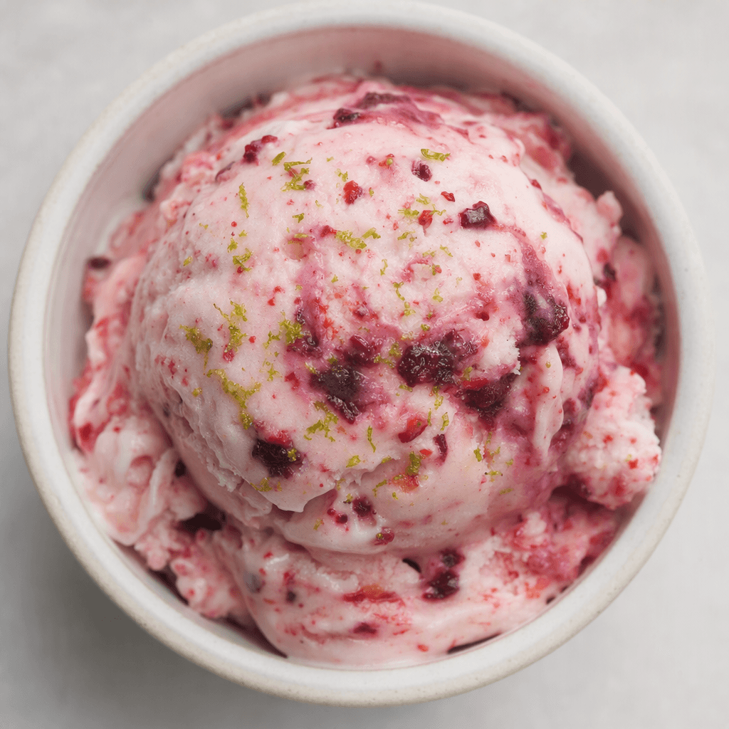 Creamy scoops of ice cream show pink strawberry and deep purple aronia swirls, with small flecks of fruit and a hint of lime-green zest.