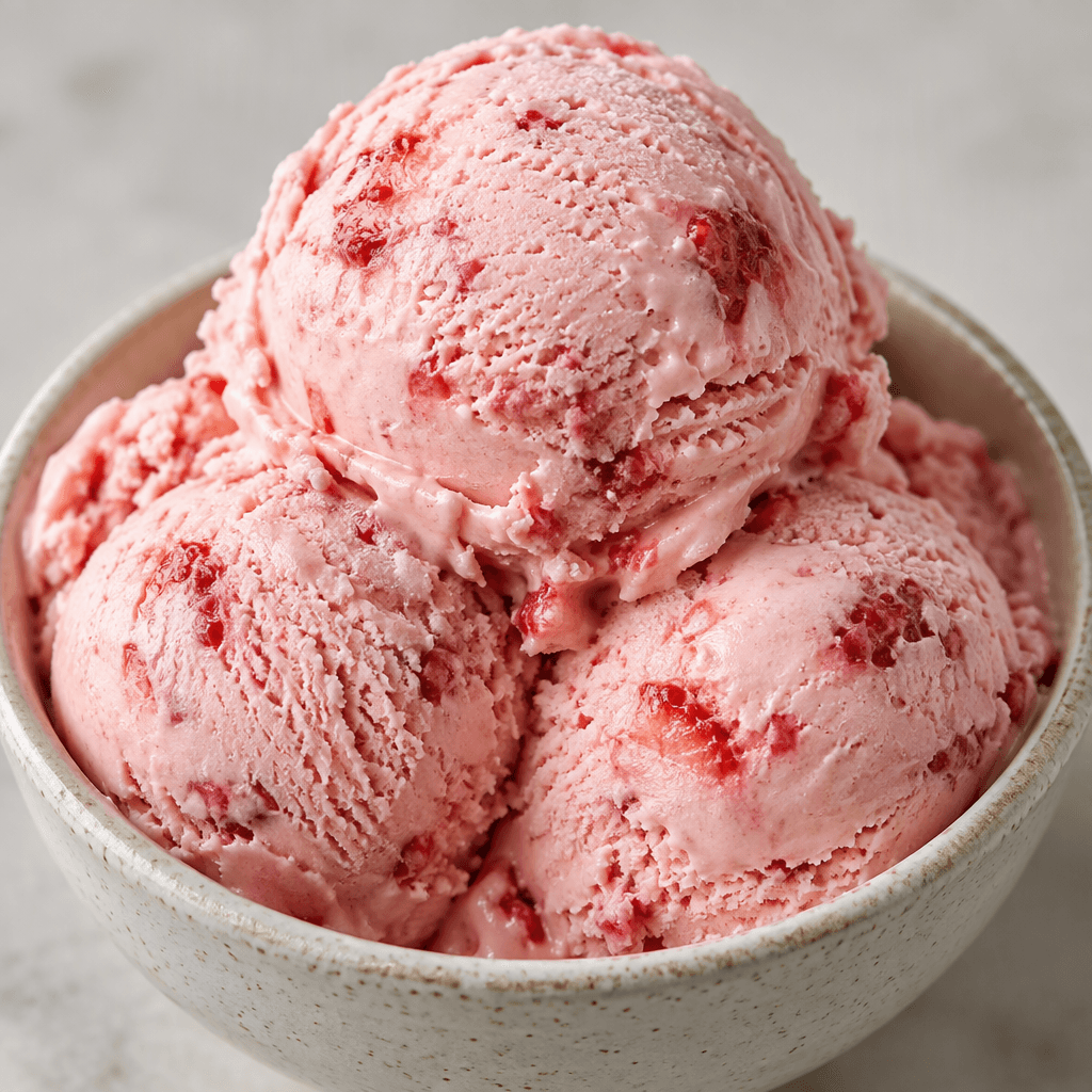 Pink strawberry ice cream sits in rounded scoops, with a smooth, creamy surface and small red fruit pieces visible throughout.