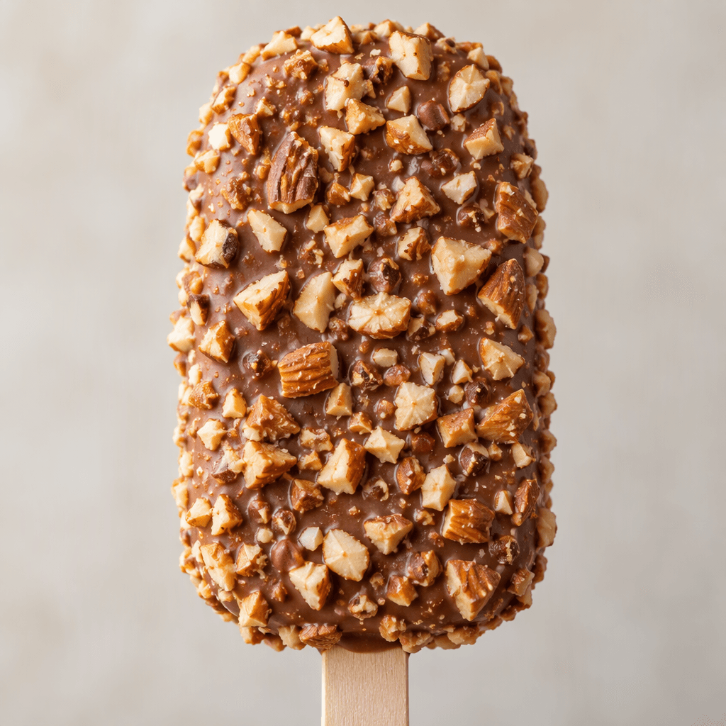 A rounded rectangular ice cream bar on a wooden stick, covered in a textured layer of chopped golden-brown almonds.