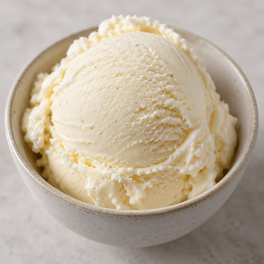 A smooth, pale cream-colored scoop of ice cream with softly rounded edges, served in a small bowl.