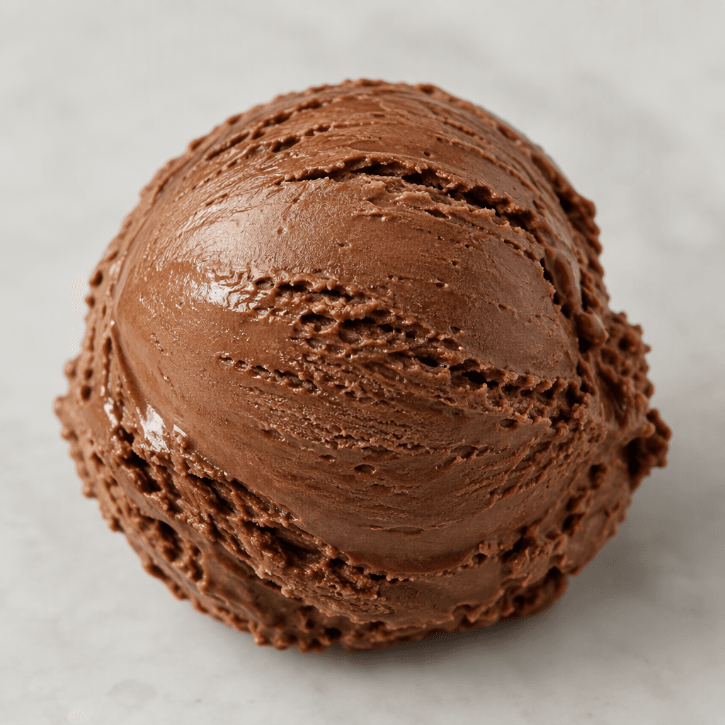 A rounded scoop of deep brown chocolate ice cream with a smooth, creamy surface.