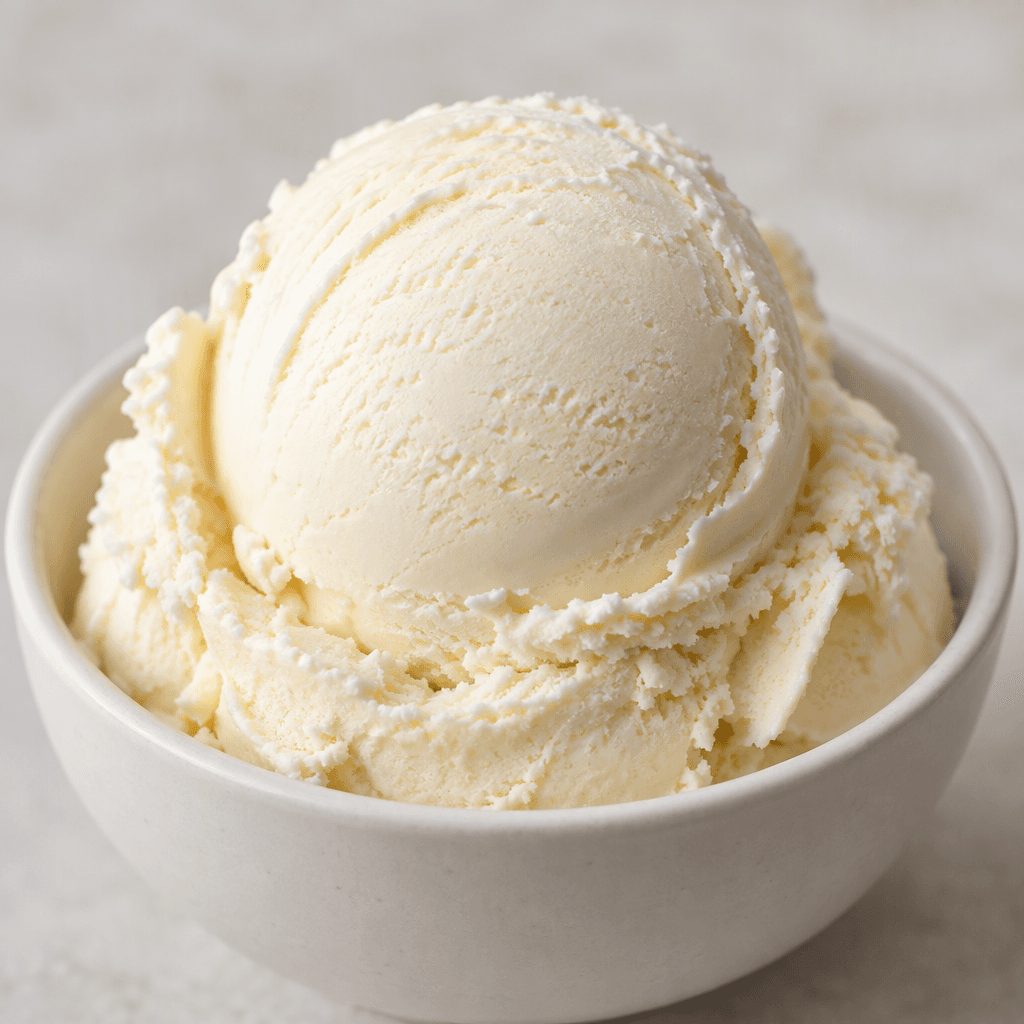 A smooth, pale ivory mound of plain ice cream with softly rounded scoop marks and no visible toppings.