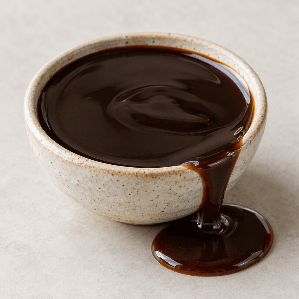 Thick, glossy dark brown carob molasses sits in a small bowl, with a smooth syrupy surface and a slow ribbon pooling beside it.