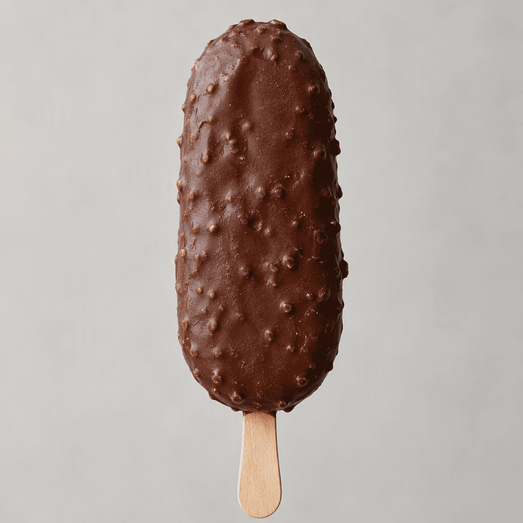 An elongated ice cream bar on a wooden stick, covered in a dark brown chocolate coating with a slightly uneven, textured surface.