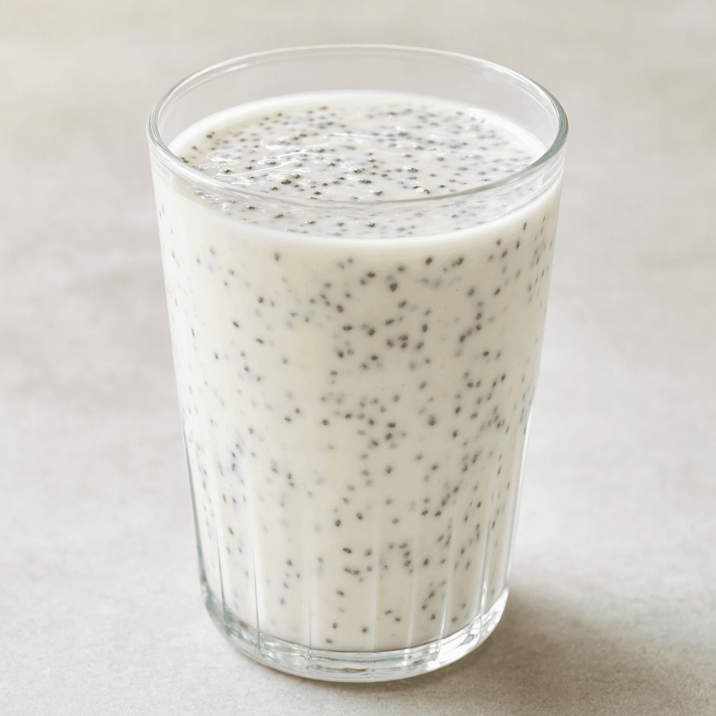 A pale, creamy white kefir drink with tiny black chia seeds scattered throughout, served in a clear glass.