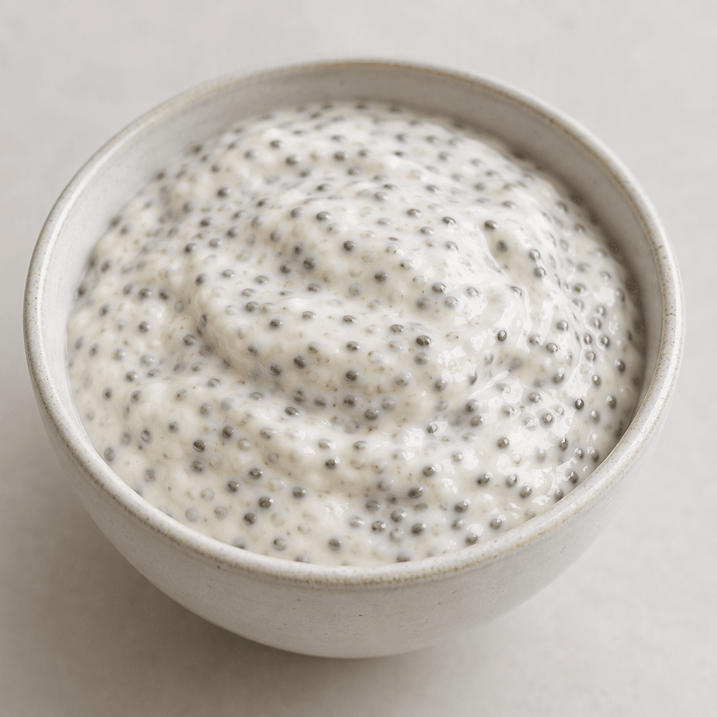 A thick, pale cream-colored kefir pudding is dotted throughout with tiny dark chia seeds and served in a small bowl.