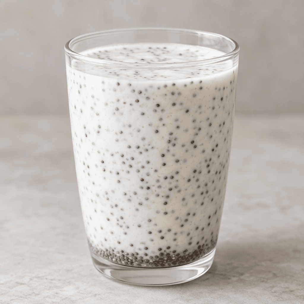 A glass filled with thick, creamy white kefir containing numerous tiny black and gray chia seeds suspended throughout, with some seeds settled at the bottom.