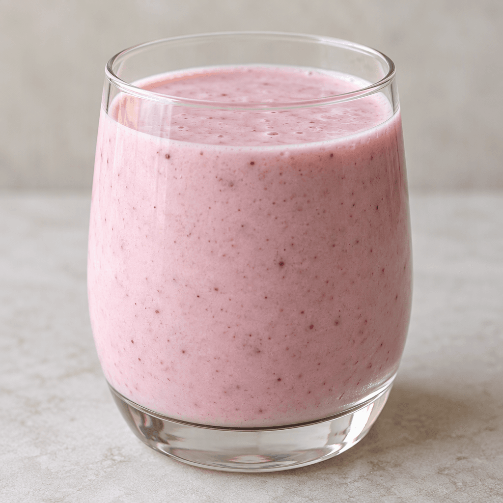 A pale pink, creamy kefir drink with a smooth, pourable texture, served in a clear glass.
