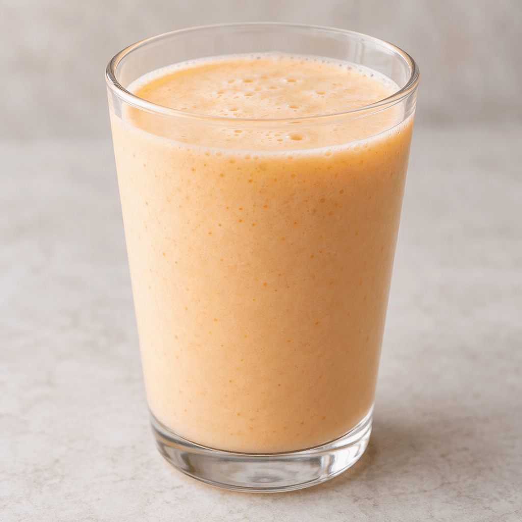 Açık şeftali-turuncu renkte, pürüzsüz ve akışkan kefir içeceği şeffaf bir bardakta servis ediliyor.