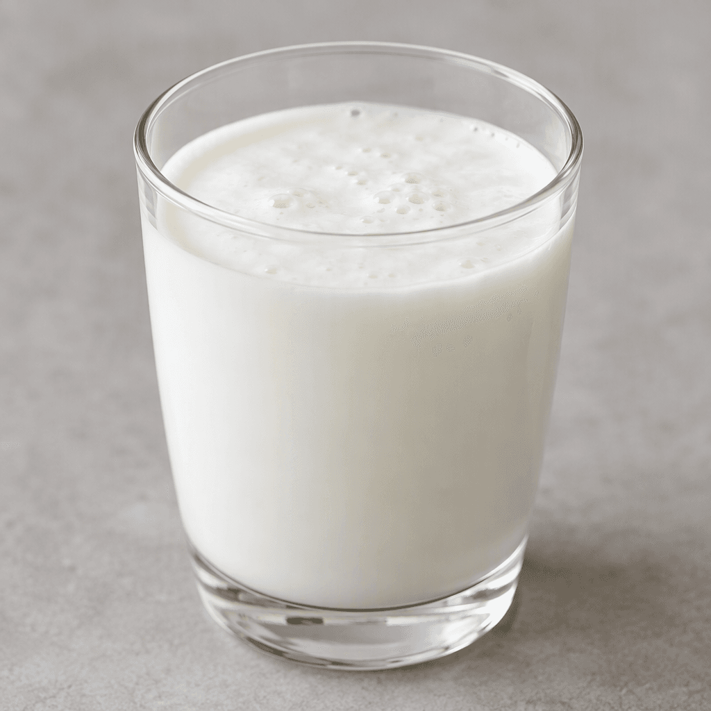 An opaque, milky-white kefir with a smooth, pourable yet slightly thick texture, served in a clear glass with a small pool visible at the bottom and a few soft bubbles on the surface.