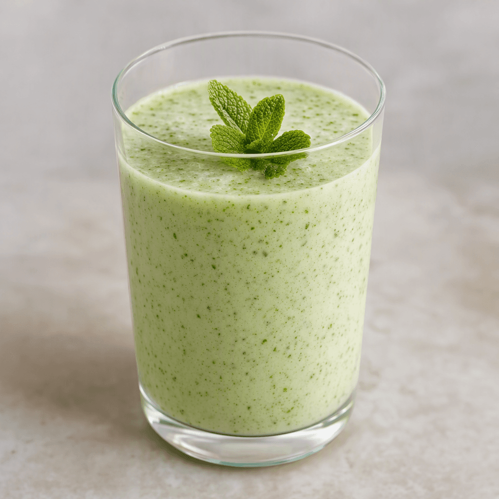 A pale, creamy-green kefir drink with fine dark-green mint flecks, served in a clear glass.