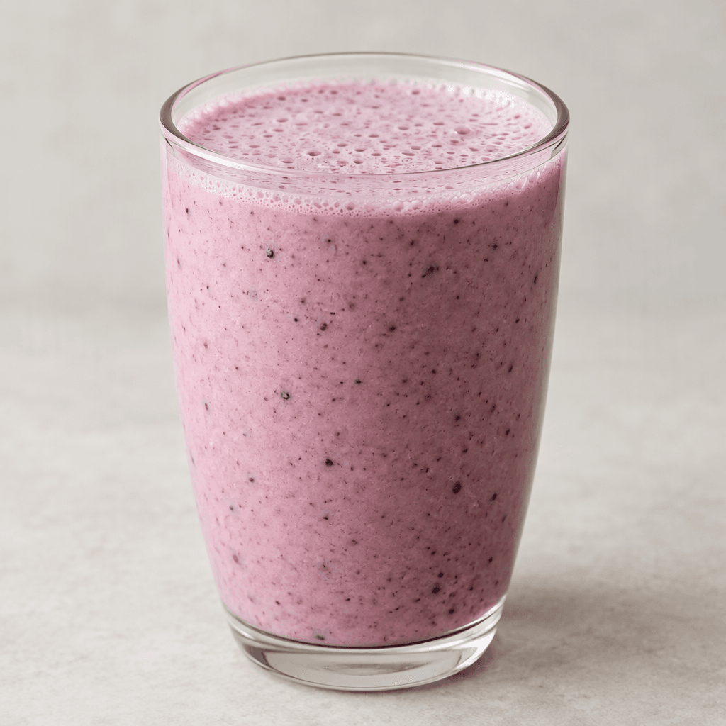 A smooth, pourable kefir in a glass, coloured pale pink to mauve with tiny dark berry flecks throughout and a thin layer of bubbles on the surface.