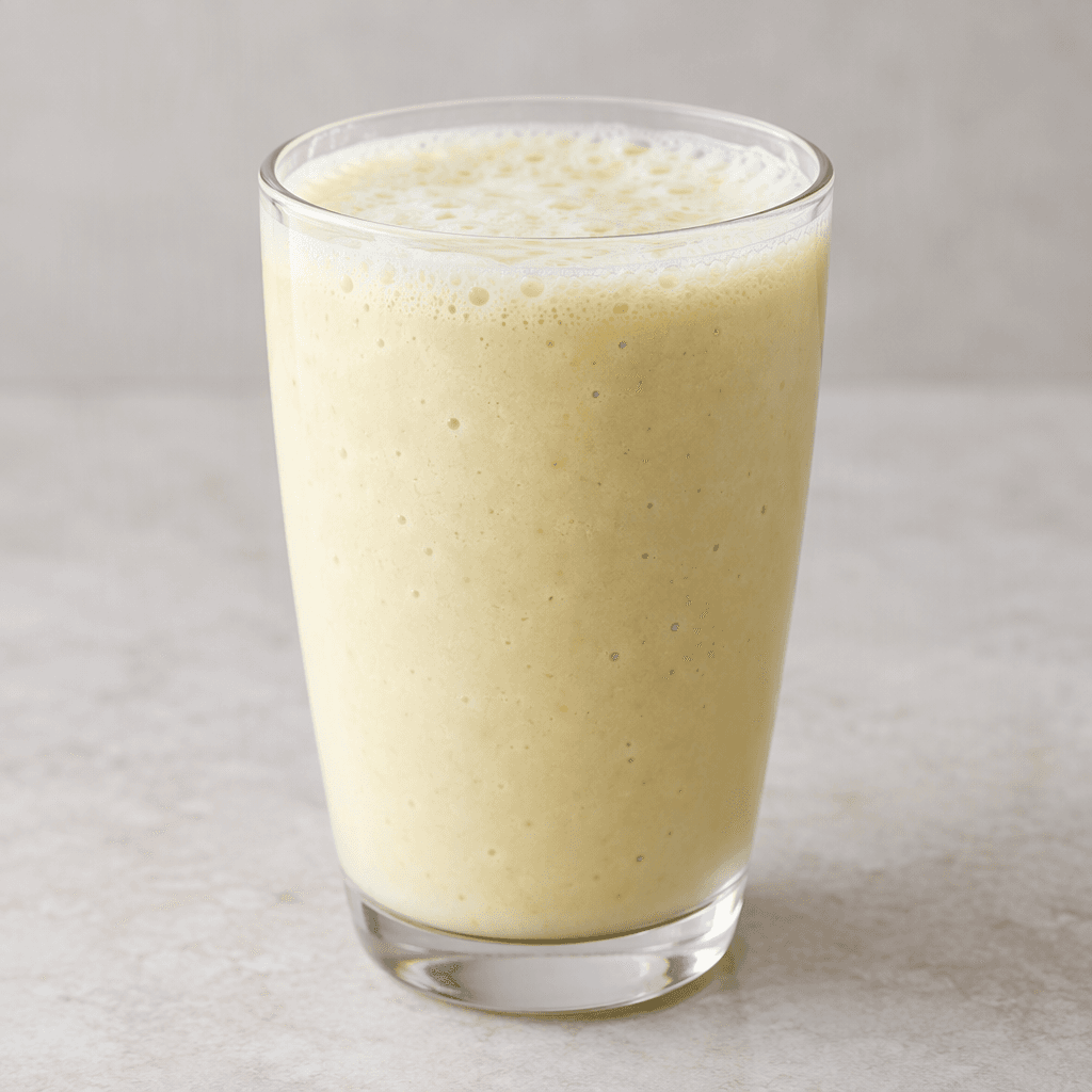 A pale yellow, smooth and creamy banana kefir drink is served in a clear glass, with a few tiny bubbles and a light frothy layer on top.
