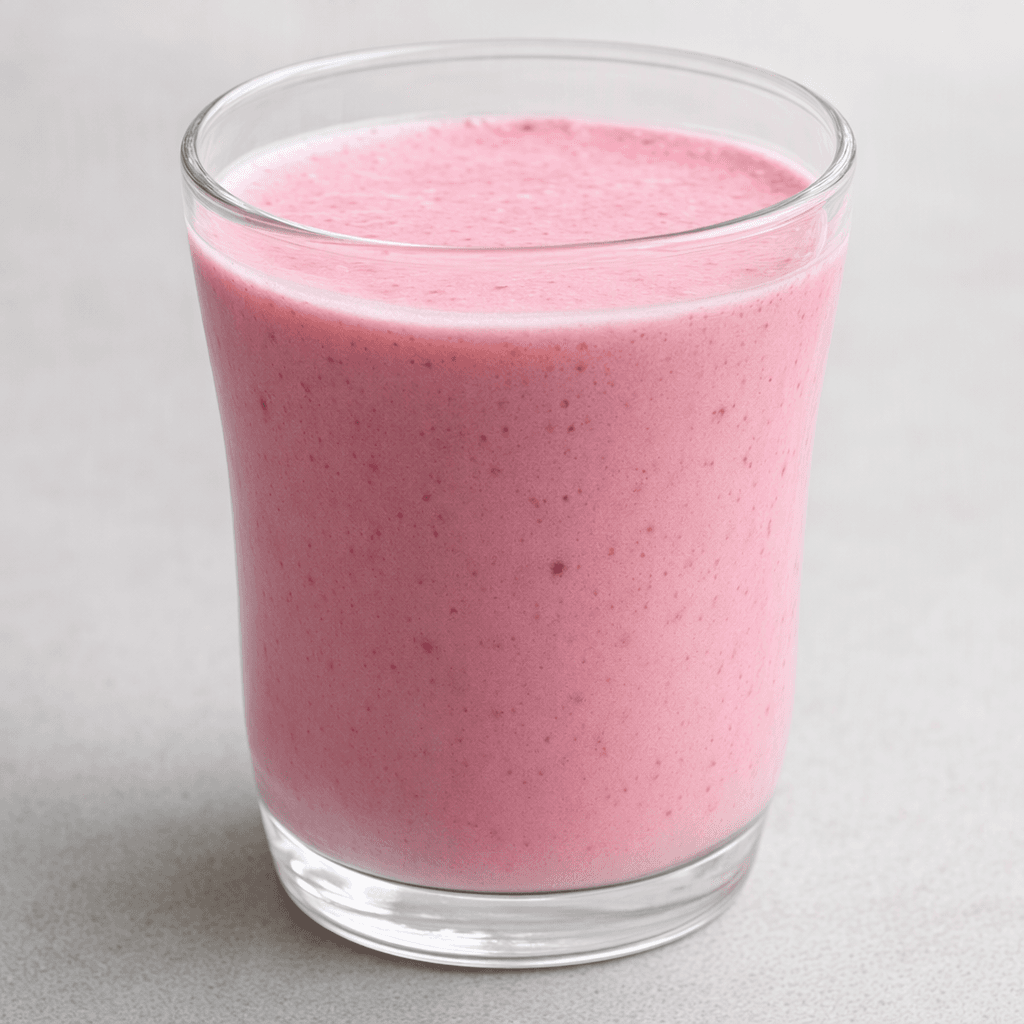 A creamy, smooth, deep pink kefir drink sits in a clear glass, with a few fine flecks visible throughout.