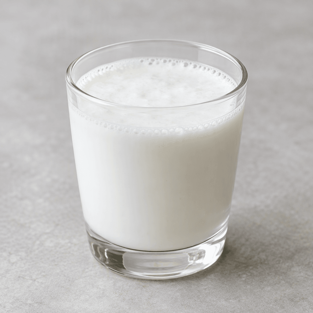 A small, clear glass holds a short pour of plain kefir, opaque white with a smooth, slightly frothy surface and a few tiny bubbles around the rim.