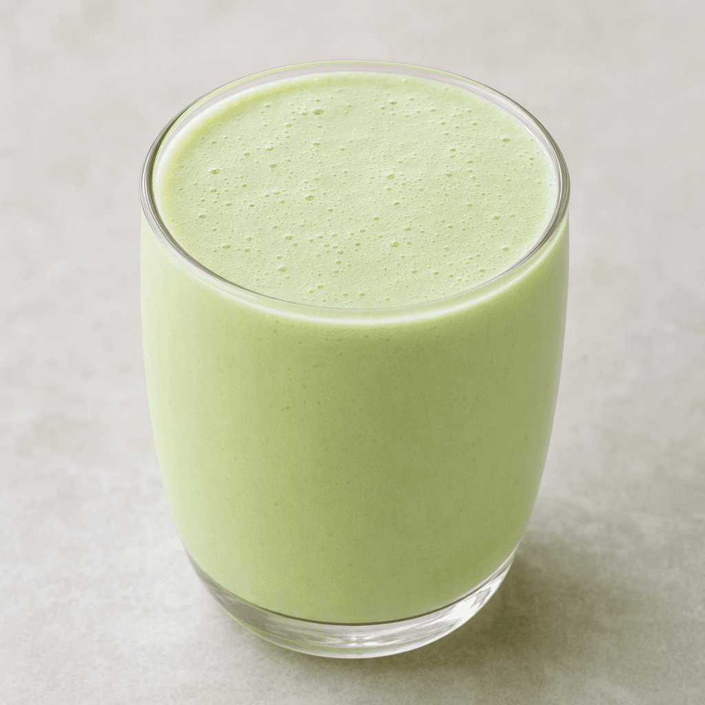 A smooth, opaque, pale green kefir drink sits in a clear glass, with a faint creamy foam and tiny bubbles on its surface.