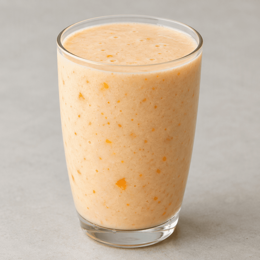 A thick, smooth, pale peach-colored kefir drink is served in a clear glass, with small orange flecks of peach and apricot suspended throughout.