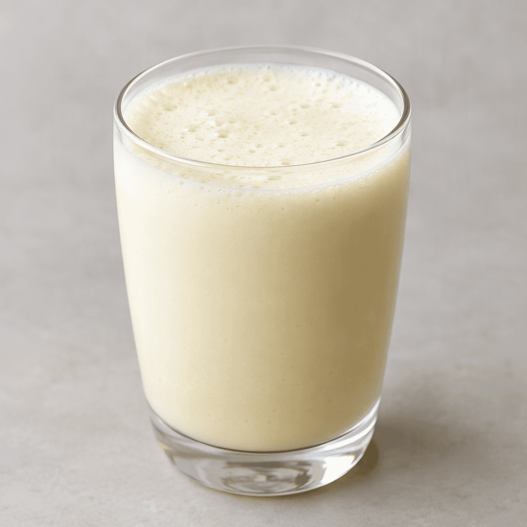 A pale creamy-yellow kefir drink with a smooth, slightly foamy surface, served in a clear glass.