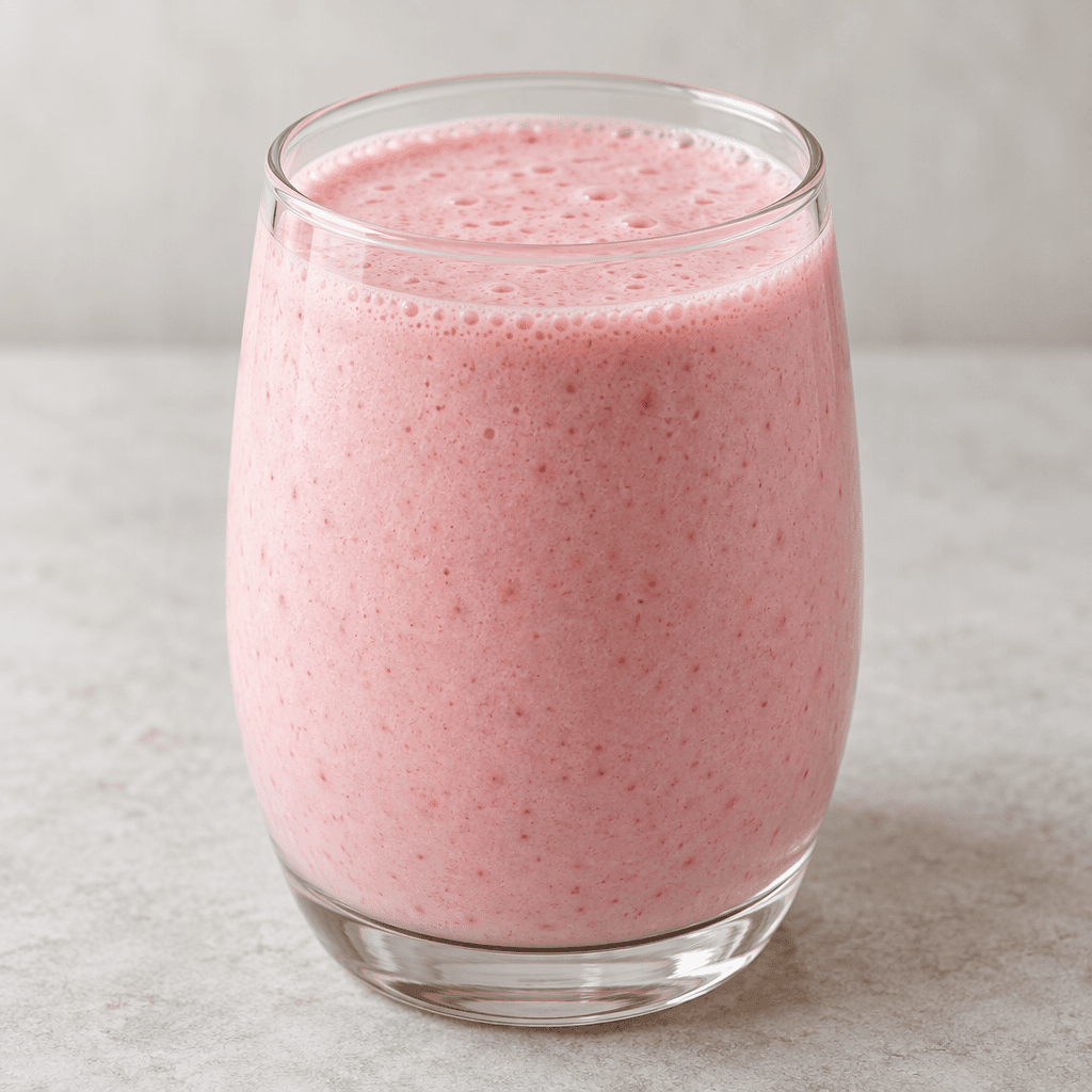 A pale pink, smooth and slightly frothy kefir drink sits in a clear glass, with an even strawberry-colored appearance.