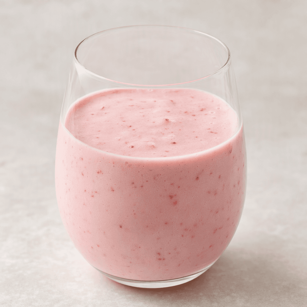 A pale pink, creamy strawberry kefir drink sits in a clear glass, with a smooth, slightly thick texture and a few tiny red fruit flecks.