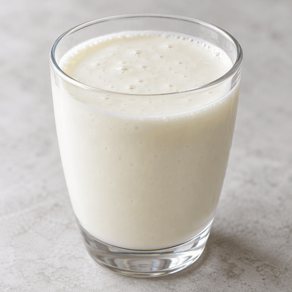 A pale ivory, slightly thick kefir drink sits in a clear glass, with a smooth surface and a few tiny bubbles.