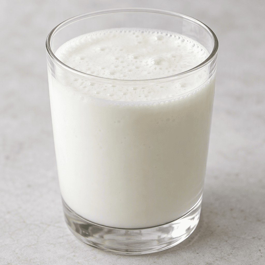 A smooth, pourable white kefir sits in a clear glass, with a few tiny bubbles on its lightly frothy surface.