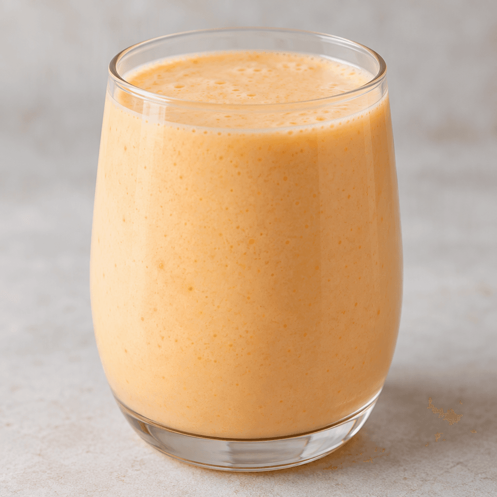 A smooth, pourable kefir drink in a glass, pale orange in colour with an even, creamy appearance.
