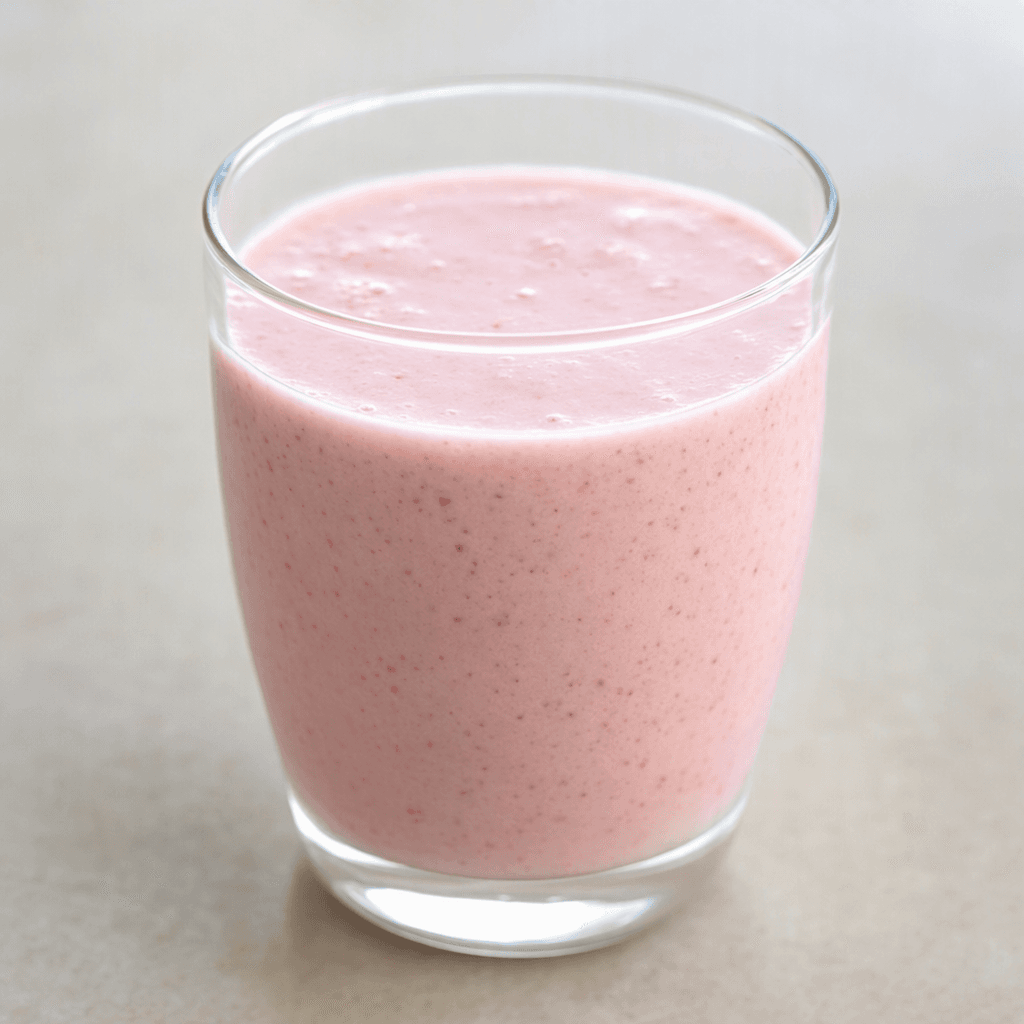 A creamy, pourable fruit kefir sits in a clear glass, pale pink with tiny specks of fruit throughout.
