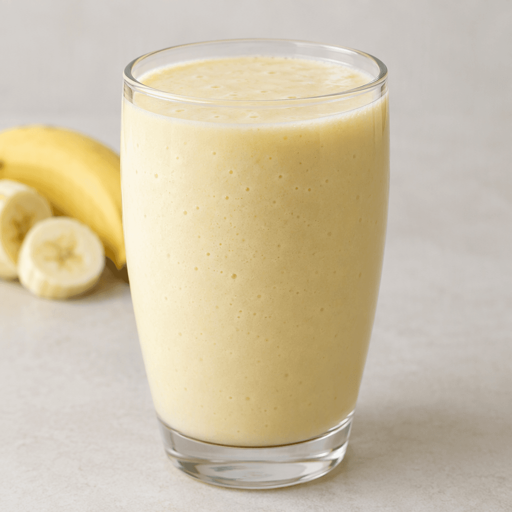 A pale yellow, creamy banana dairy drink with a smooth, pourable texture, served in a clear glass.