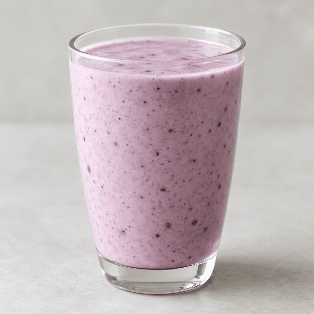 A pale pink-purple, creamy kefir drink with a smooth, pourable texture and tiny dark berry flecks, served in a clear glass.