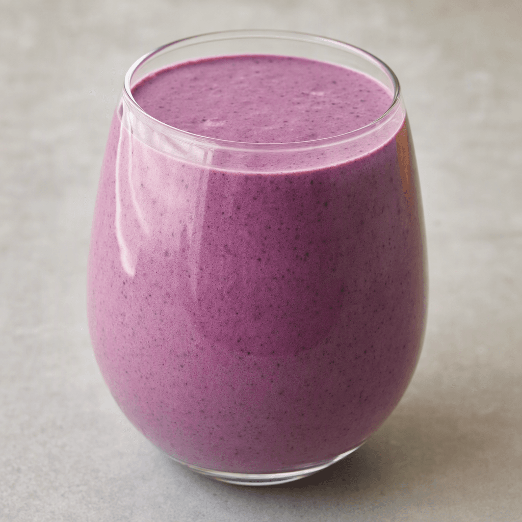 A smooth, pourable kefir with an even berry-purple colour and a lightly creamy texture, served in a clear glass.