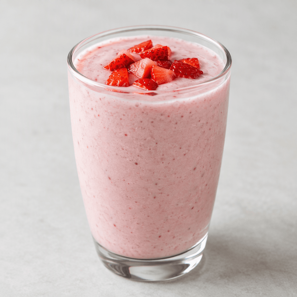 A smooth, creamy pale-pink strawberry kefir with a slightly thick, pourable texture, served in a clear glass and topped with a few small red strawberry pieces.