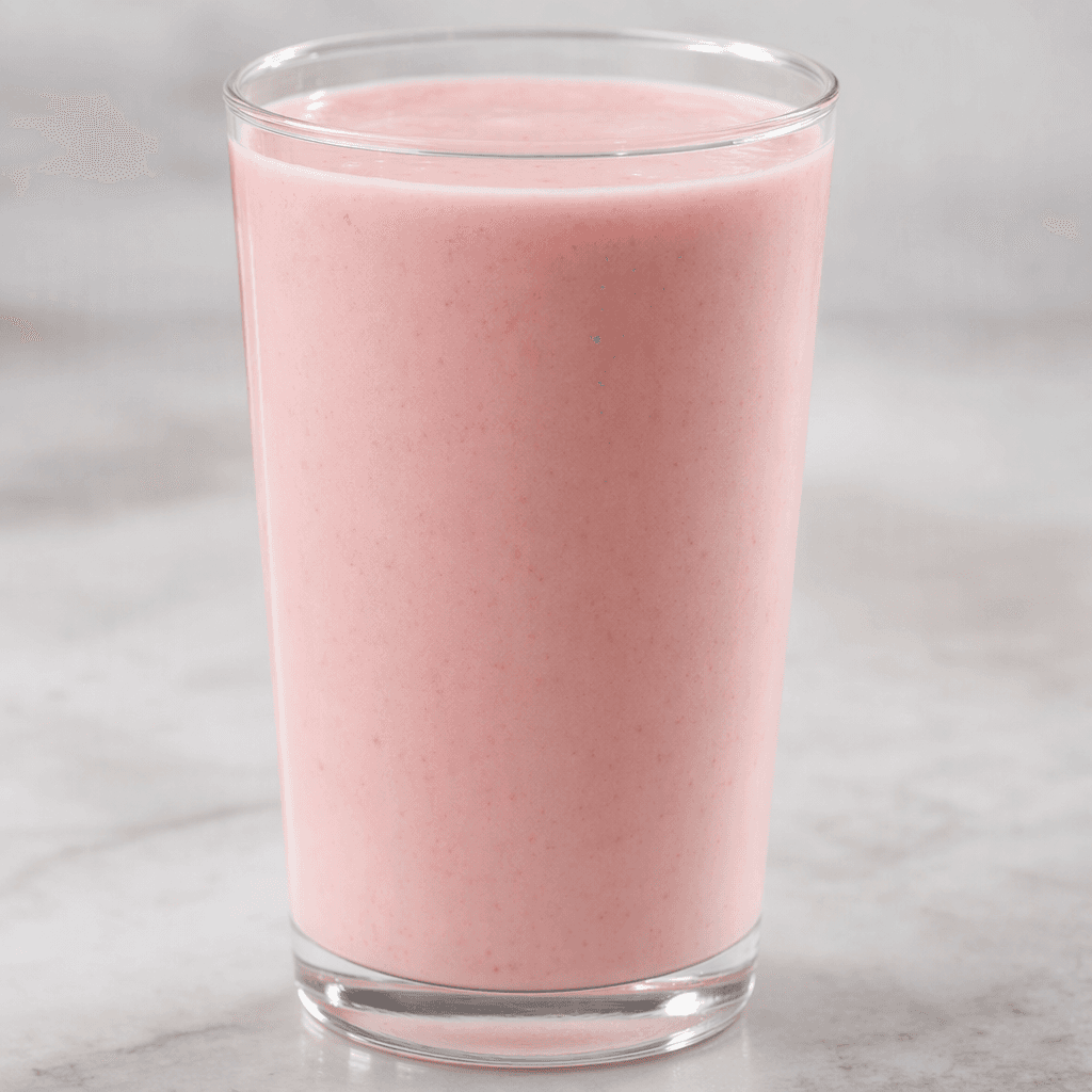 A smooth, pourable, pale pink dairy drink sits in a clear glass, with a creamy, slightly thick appearance.