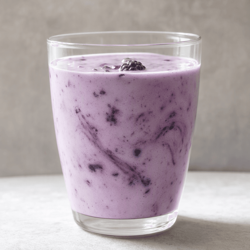 A smooth, pourable kefir in a glass, pale lavender with darker blackberry-purple streaks and a few visible blackberry pieces.