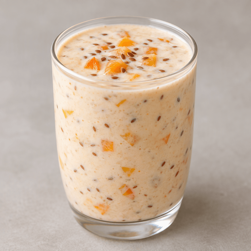 A creamy pale-apricot kefir drink sits in a clear glass, with tiny brown flaxseeds and small apricot pieces visible throughout.