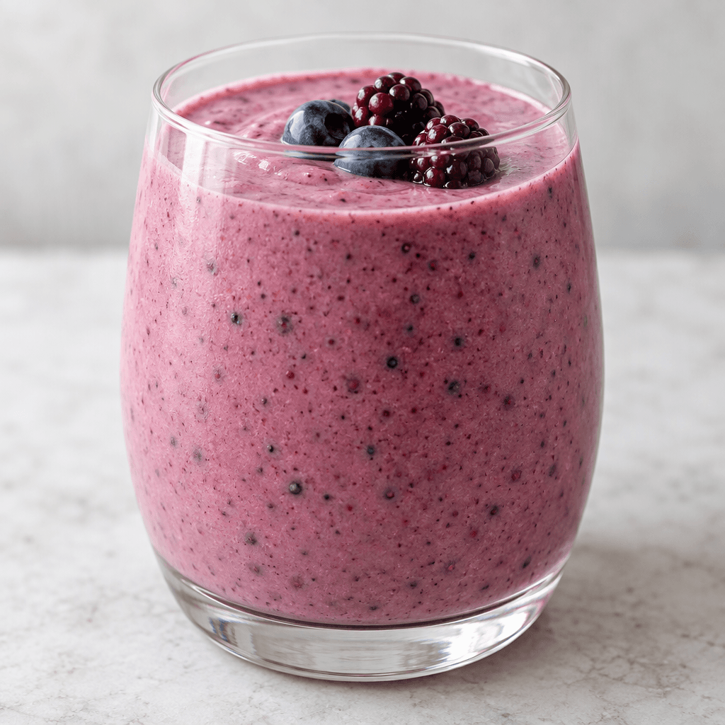 An opaque, creamy pink-purple drink with tiny dark berry flecks, poured into a clear glass.
