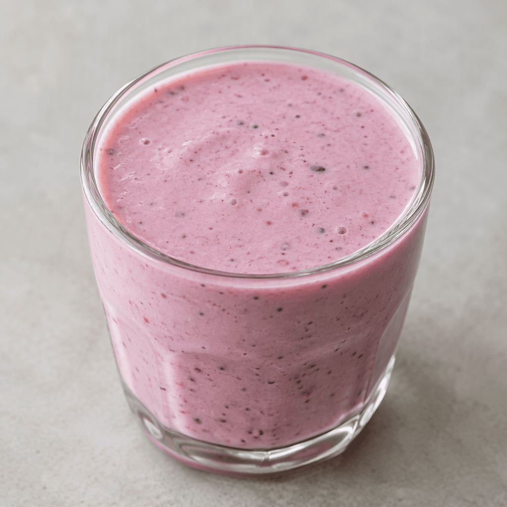 A thick, pourable kefir in a pale berry-pink shade, with a smooth surface and tiny darker fruit flecks.