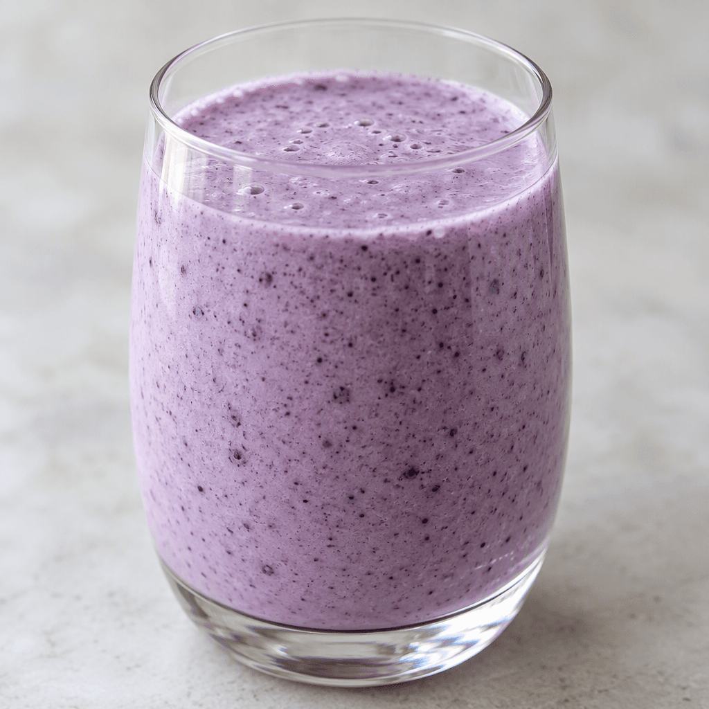 A smooth, pourable kefir drink with a creamy pale lavender-purple colour and tiny darker blueberry flecks, served in a clear glass.