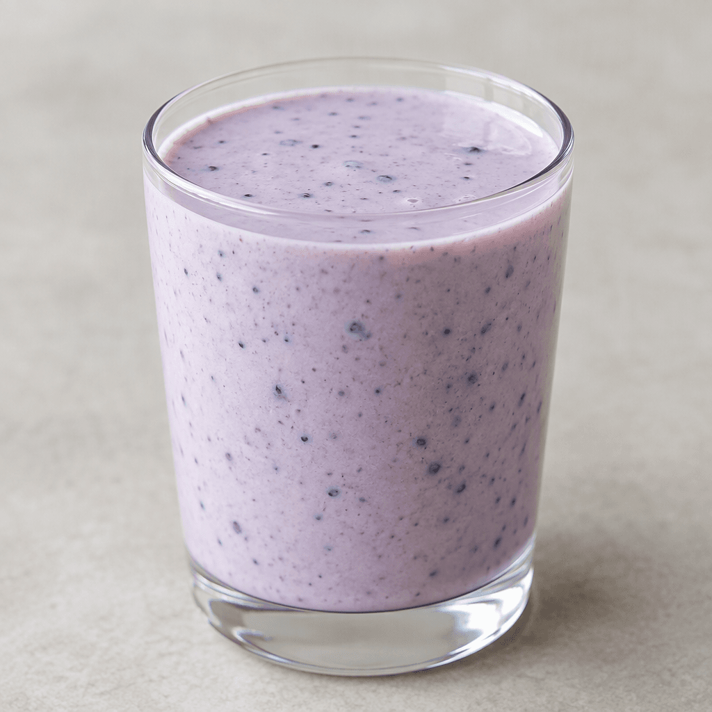 A pale lavender, smooth and pourable kefir drink sits in a clear glass, with tiny dark-blue blueberry flecks visible throughout.