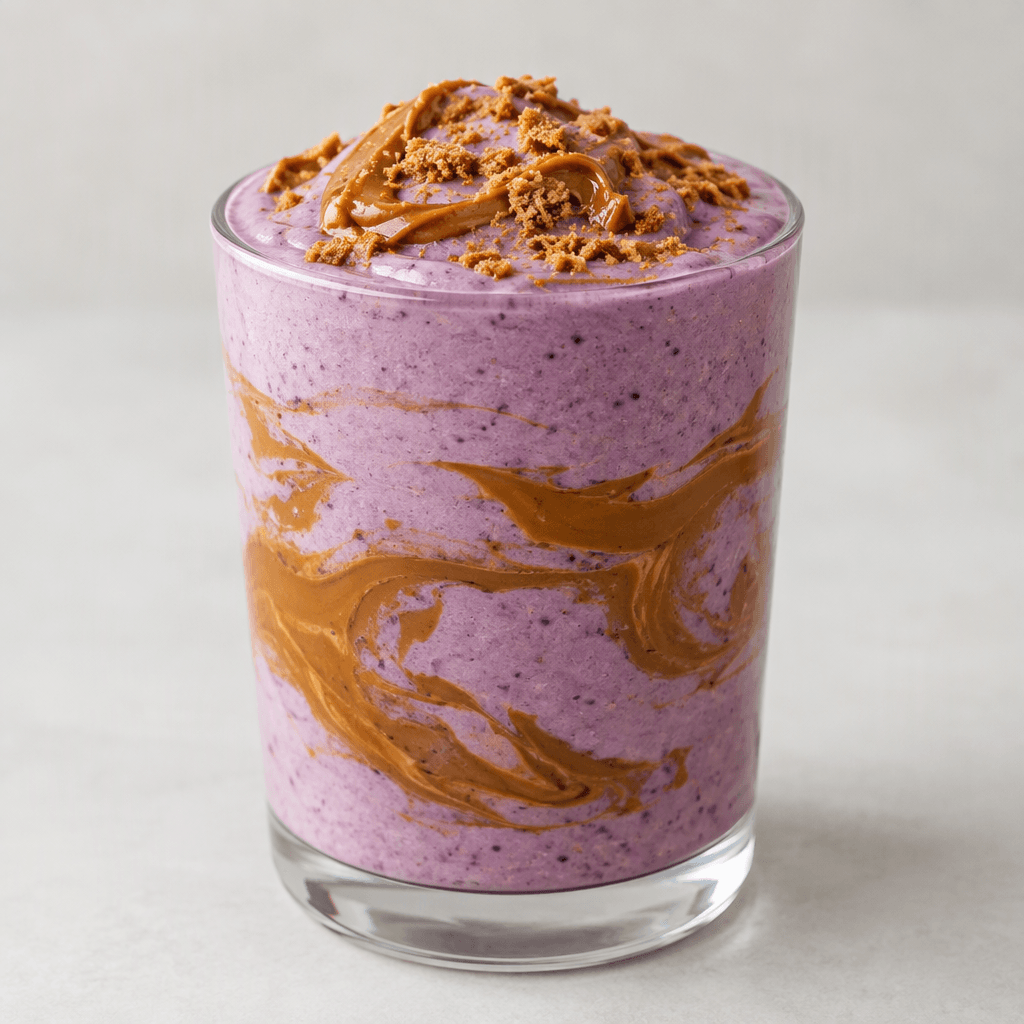 Şeffaf bir bardakta sunulan, koyu ve kremamsı lavanta moru smoothie’nin içinde parlak karamel kahverengisi Lotus ezmesi girdaplar oluşturuyor.