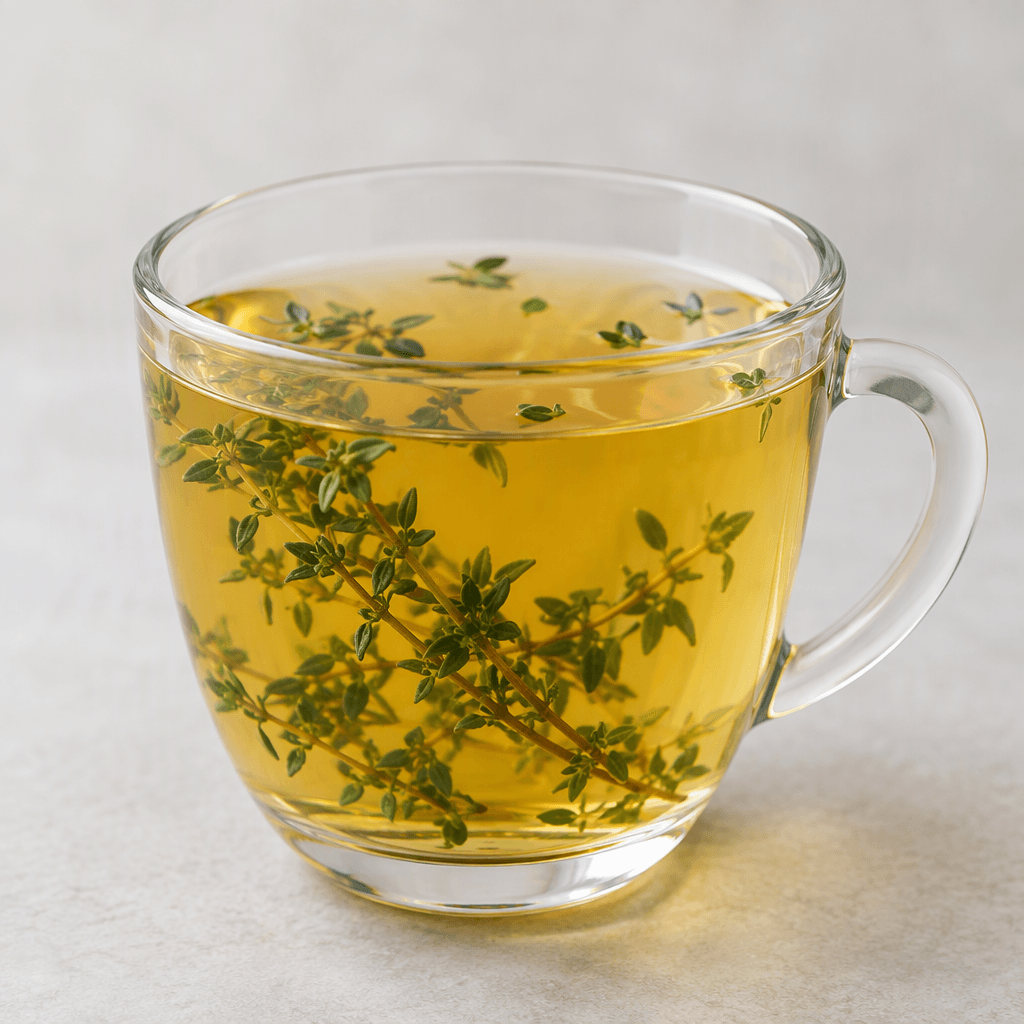 A clear glass cup holds a pale golden-amber herbal infusion with fresh green thyme sprigs visible inside and a few small leaves floating near the surface.